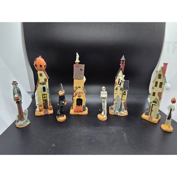 Vtg Halloween Village Rare Set  Poly Resin 3.5"/6.5" Skinny 4 Houses 4 Figures - Picture 3 of 16